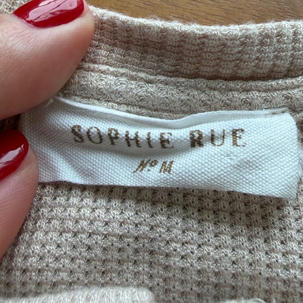 Sophie Rue Henley Top Womens Medium Beige Waffle Knit Crop Long Sleeve Casual - Picture 2 of 8